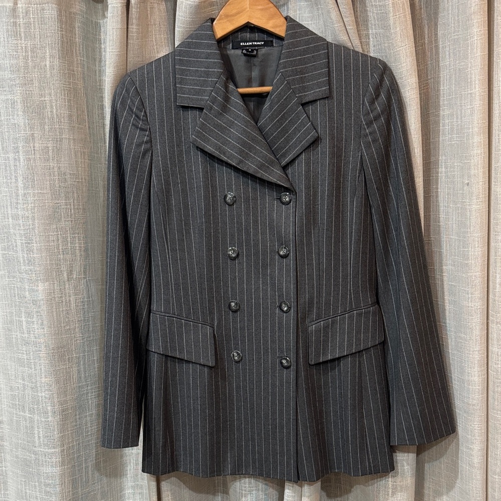 Ellen Tracy Charcoal Pinstripe Double-Breasted Blazer